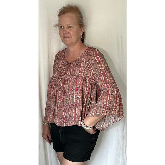 HEM & THREAD Red Pheasant Drawstring Blouse Top Womens L - Picture 2 of 5